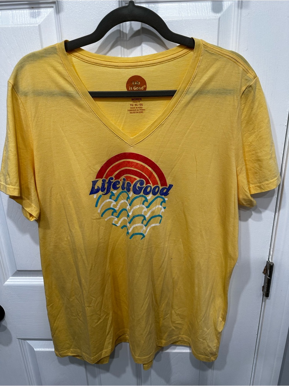Life Is Good Yellow V-Neck Tee with Red & Blue Retro Graphic